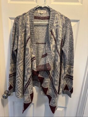 Pink Rose Gray and Burgundy Open-Front Knit Cardigan